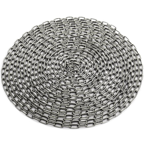 304 Stainless Steel Link Chain, 5/64in-33ft, rolled coil of small hanging link chain for light duty use in automation systems