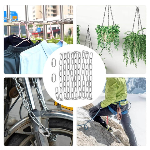 Collage featuring 1/8" 6.5Ft stainless steel link chain, 3mm dog chain with 2 locking snap hooks used for chandeliers, decor, and outdoor gear.