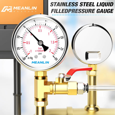 Meanlin vacuum pressure gauge, stainless steel, 2.5 in dial, 1/4 in NPT, lower mount with 1/2 and 3/8 in NPT hex bushings