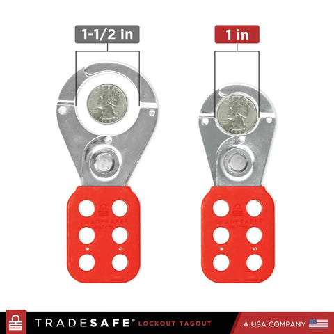 Two stainless steel lockout hasps with nylon handles, showing 1 inch and 1.5 inch jaw sizes for group lockout LOTO.