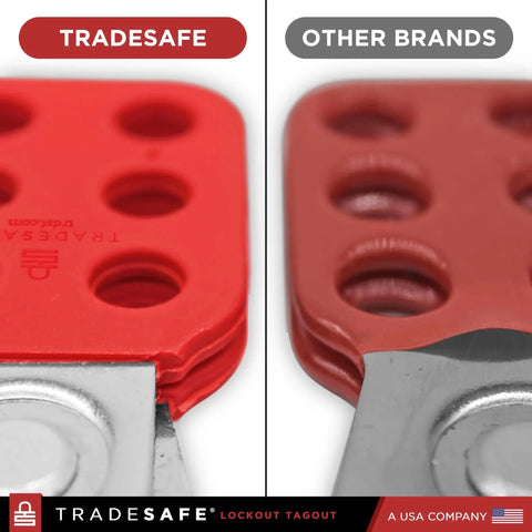 Comparison of Stainless Steel Lockout Hasp With Nylon Handle for Group Lockout and a similar competitor product, showing quality difference.