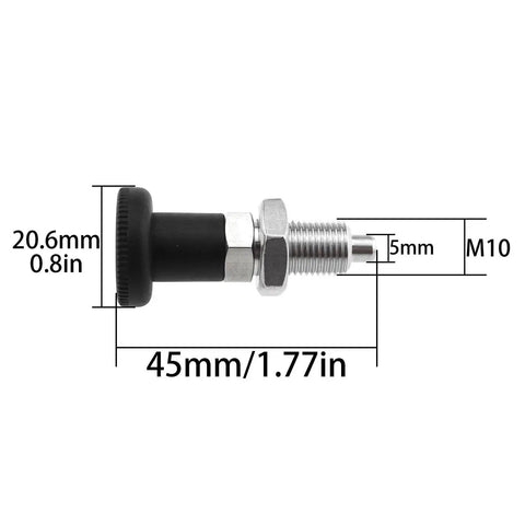 Stainless Steel Spring Return Knob Plunger M10 Push Fit shown with dimensions, ideal for quick release and smooth rotation in industrial machinery.