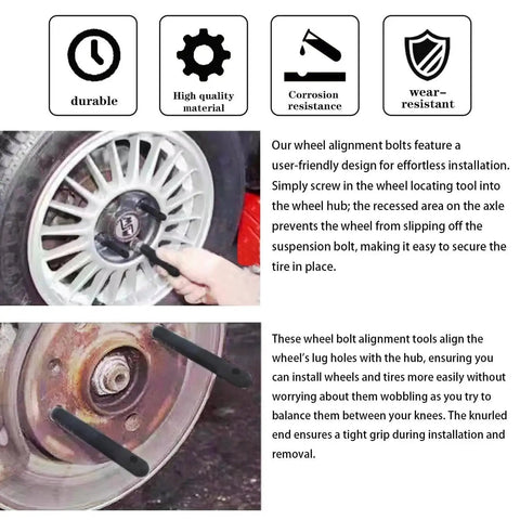 Two Piece Stainless Steel M14x1.5 Wheel Alignment Pins installed on car wheel hub for precise mounting with lug bolts.