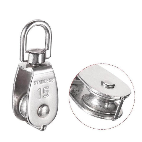 Close-up of 4-Pack Stainless Steel Wire Rope Crane Pulley Block M15 with rotary hook and single pulley for suspension line traction.