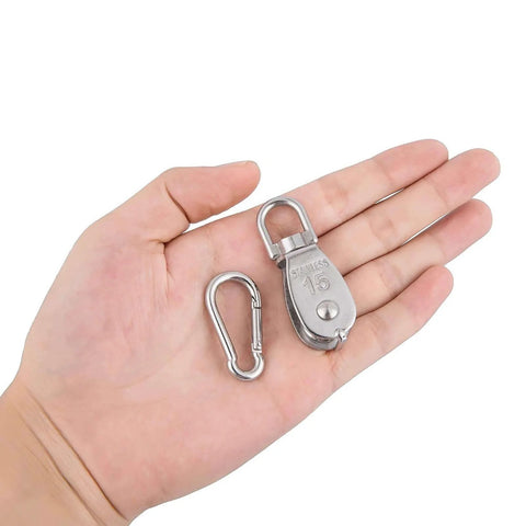Hand holding 6Pcs 304 Stainless Steel M15 Single Pulley Block, Wire Rope Hanging Wire Towing Wheel, with 6Pcs Spring Snap Hook heavy duty