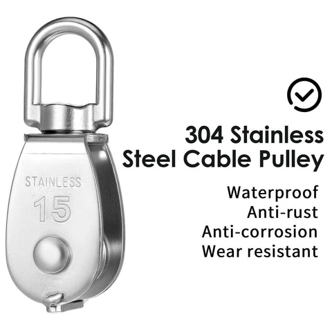 304 Stainless Steel Cable Pulley with swivel, showing "15" marking and words "Waterproof, Anti-rust, Anti-corrosion, Wear resistant."
