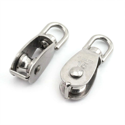 2-Pack M15 Single Pulley Block Stainless Steel Heavy Duty Hardware showing front and side view of fixed pulleys