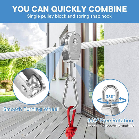 M15 304 Stainless Steel Single Pulleys Suspension Traction Pulleys And Spring Hook 6Pcs