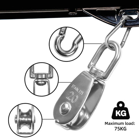 10 Pcs M20 Single Pulley Block 304 Stainless Steel M20 Pulleys for Rope, Small Single Pulley with 10Pcs Spring Snap Hook, Wire Rope Hanging Wire Towing Wheel