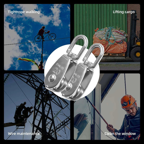 10 Pcs M20 Single Pulley Block 304 Stainless Steel M20 Pulleys for Rope with 10Pcs Spring Snap Hook, four usage scenarios