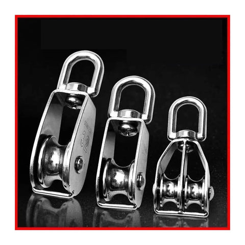 Three different sized Stainless Steel Pulley M20Single Wheel Swivel Lifting Rope Pulley Set Lifting Wheel Tools(M20) on black background.