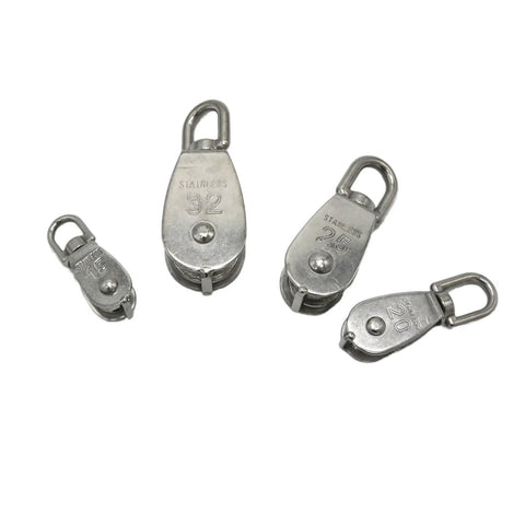 Four different sizes of stainless steel rope pulley blocks, showing front view, including M20 Single Swivel Lifting 0.3" Rope Pulley Roller Block Sheave 0.03 Ton Timing Pulley(M20).