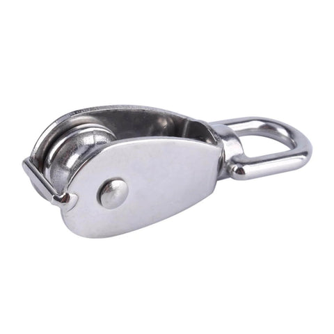 Stainless steel M20 single wheel pulley for wire rope hoisting, built with a 304 stainless steel body, 360 degree swivel wheel, 20mm pulley size