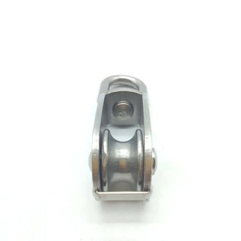 Front view of 4Pcs M25 Stainless Steel Wire Rope Crane Double Pulley Block with a 25mm wheel and 360-degree swivel hook.