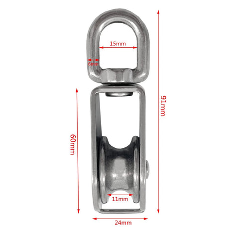 Front view of 2Pcs M32 Single Pulley Block,304 Stainless Steel Wire Rope Hanging Wire Towing Wheel Loading 551Ibs with measurements
