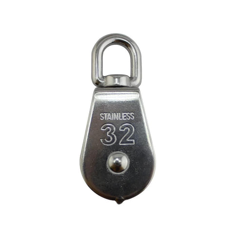 Front view of Stainless Steel M32 Pulley Steel Wire Pulley Single Wheel Swivel Lifting Pulley Single Sheave Block For Wire Rope Wheel 2pcs