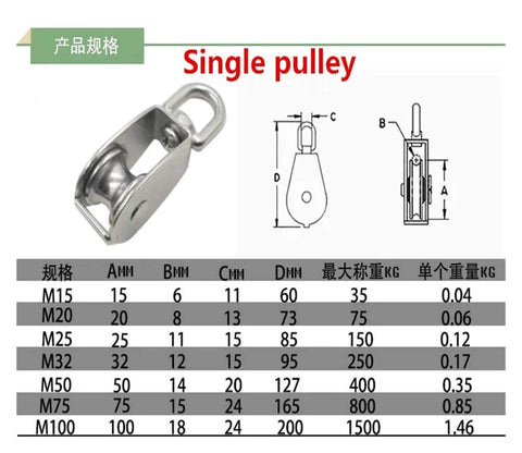 Stainless Steel Pulley M32, single wheel swivel lifting pulley, with dimensions and load capacity chart shown.