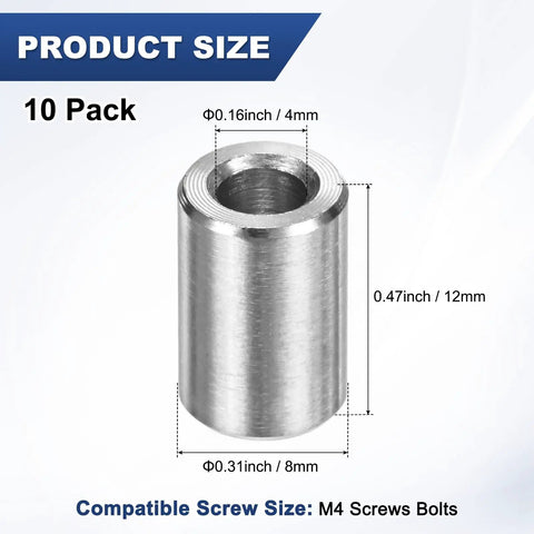 Stainless Steel Spacers M4 304 Grade Pack Of 10 4Mm ID X 8Mm OD X 12Mm Length Round Screw Standoffs Silver