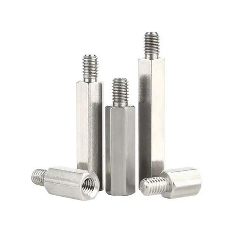 Stainless Steel M5 Standoff Screws 20mm with 8mm hex spacers for PCBs, 5-piece set displayed on a white background.