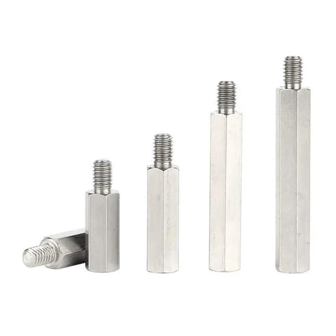 Assorted Stainless Steel M5 Standoff Screws 20mm with 8mm Hex Spacers for PCBs displayed upright and lying down