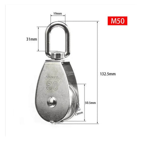 Stainless Steel Pulley M50 Single Wheel Swivel Lifting Rope Pulley with dimensions, front view, 304 stainless steel material