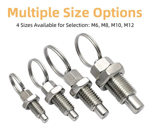Four sizes of stainless steel pull ring indexing plungers with retractable spring for mechanical projects, highlighting the Six Pack M6 option.