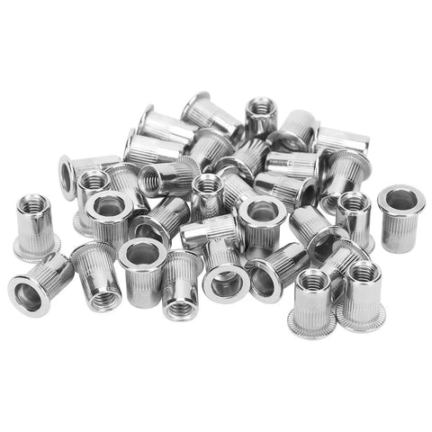 50 Piece Blind Riveting Nuts Set Stainless Steel M6 Threaded Inserts Ribbed Nutserts With Back Flange displayed on a white background