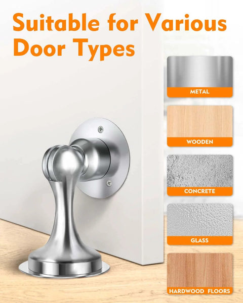 ✝️ 2-Pack Door Stoppers Magnetic Door Catch, Stainless Steel, installed on a door with material compatibility examples