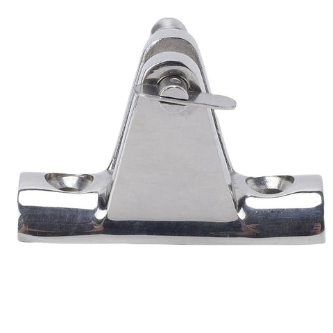 Bimini top deck hinge, 316 marine-grade stainless steel with lock pin; close-up view