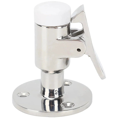 Front view of marine-grade stainless steel door catch with spring-loaded lever on circular base plate