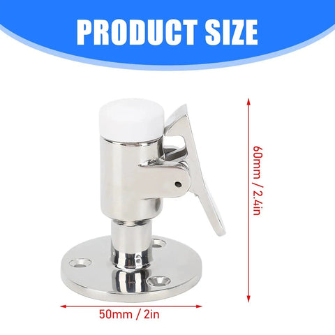 Front view: door catch, stainless steel marine-grade with lever latch on round base; 50mm diameter, 60mm tall.