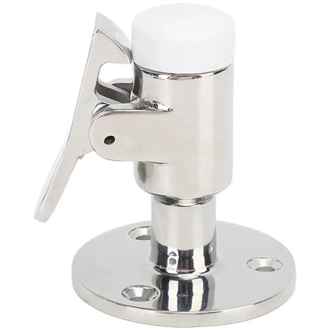 Side view of marine-grade stainless steel door catch with spring lever and circular mounting plate.