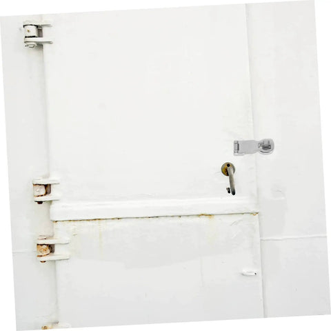 Installed white boat hatch door latch hasp; stainless steel hardware, front view.