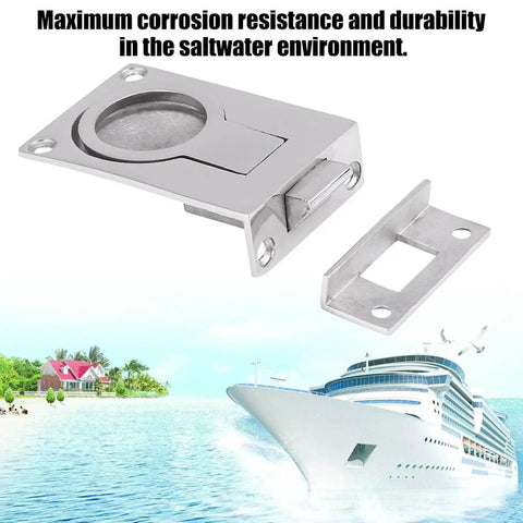 Front view of KAIXINM stainless steel ring-handle flush hatch lock for boats; 316 marine grade, mirror finish.