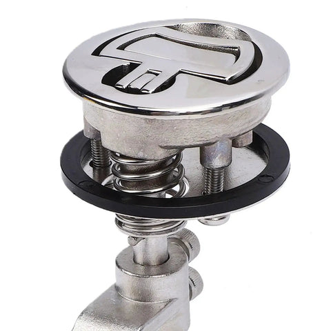 Front view of chrome stainless steel flush floor lock with spring-loaded cam latch and gasket for a marine hatch.
