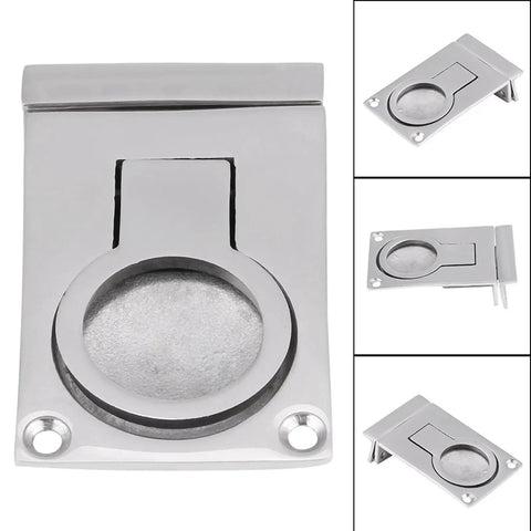 Stainless steel ring-handle flush hatch pull for boat hatches; mirror-polished 316 marine grade finish, front view