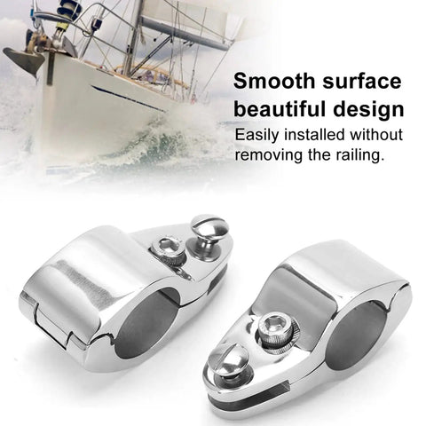 Close-up of two stainless steel hinged upper jaw slide fittings for yacht rail installation, 30mm