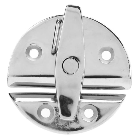 Round marine-grade stainless steel boat twist latch with mirror finish and locking lever