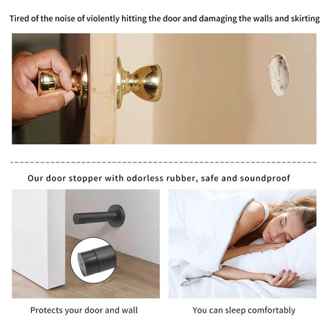 Heavy Duty 3.5 Inch Door Stop Built Tough As Nails From Stainless Steel 304 With Rubber Tip Bumper Wall Mounted Door Holder For Sound Dampening And Protection Against Scratches In A Durable Matte Black Finish shown in use on wall