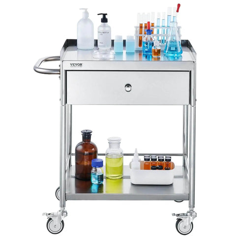 Heavy Duty Stainless Steel Medical Cart With Drawer For Lab And Clinic Use 2 Layer Utility Cart 220 Lb Weight Capacity