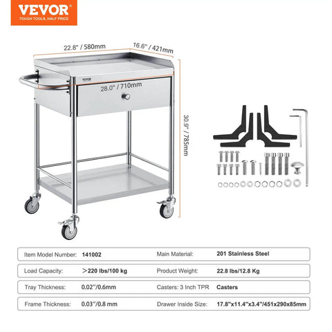 Heavy Duty Stainless Steel Medical Cart With Drawer For Lab And Clinic Use 2 Layer Utility Cart 220 Lb Weight Capacity