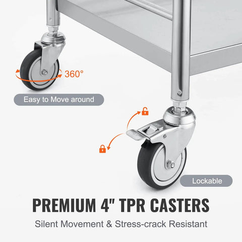 Close-up of premium 4-inch TPR casters with lock on a heavy duty stainless steel medical cart, designed for lab and clinic use.