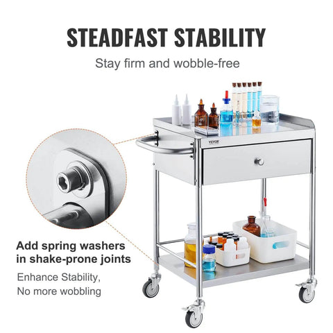 Heavy Duty Stainless Steel Medical Cart With Drawer For Lab And Clinic Use on two-layer surface with 360-degree silent wheels.