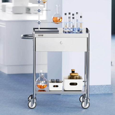 Heavy Duty Stainless Steel Medical Cart With Drawer For Lab And Clinic Use 2 Layer Utility Cart 220 Lb Weight Capacity