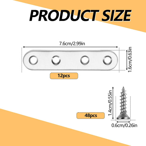 Mending Plates Flat Brackets, 12 Pcs Stainless Steel Straight Brace Brackets, size details with 48 screws for furniture.