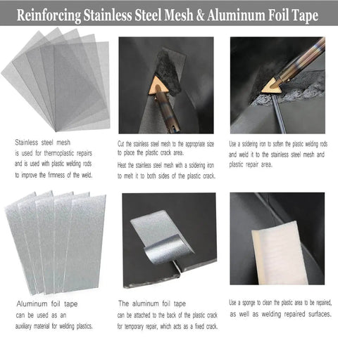 Reinforcing stainless steel mesh and aluminum foil tape from 106 Pieces Plastic Welding Rods Kit With 12 Color Rods For Car Bumper And Kayak Repair, 7 Plastic Types ABS PP PU PE PC TPO PA, Includes Stainless Steel Mesh Reinforcement, Welding Supplies For Auto Body And Outdoor Projects.
