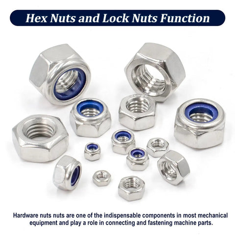 360 Piece Metric Hex Nuts and Locknuts Kit With Nylon Insert Nylock, 304 Stainless Steel, M3 Through M12, close-up view