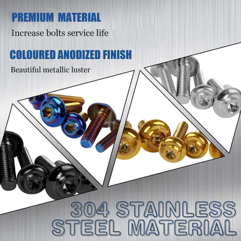 Assorted bolts from BAIONE Fairing Bolt Kit 195PCS Stainless Steel M5 M6, featuring anodized finishes for Yamaha Honda Kawasaki Suzuki BMW.