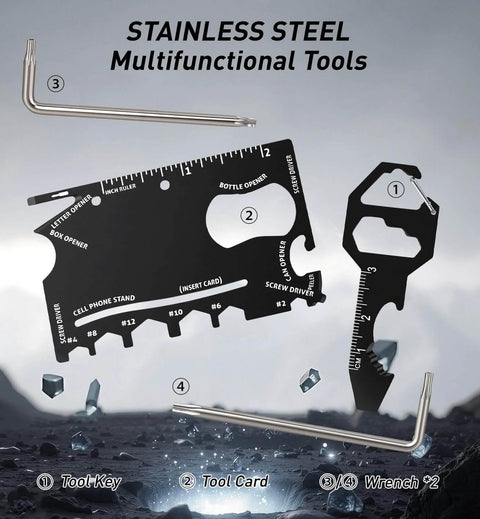 Stainless steel multifunctional tool set with tool card, key, and two wrenches.