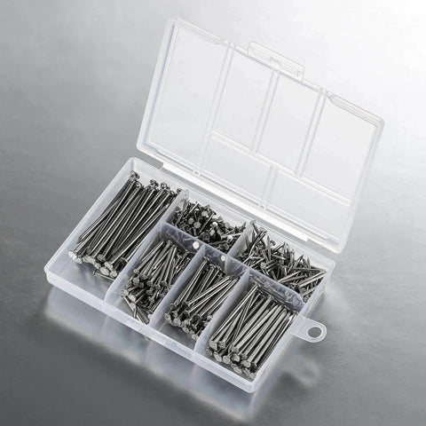 Open box showing 430 Pcs Stainless Steel 304 Nails Kit For Outdoor And Indoor Use With Mixed Lengths Five Eighths Inch To Two Inches.
